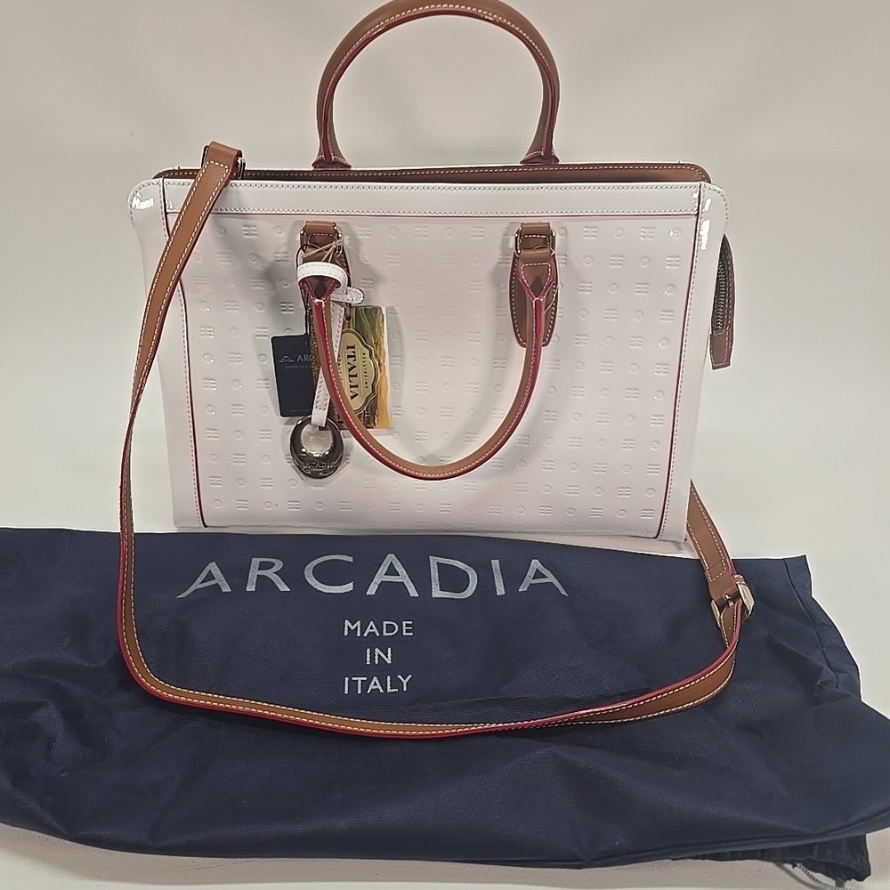 Arcadia 2029 Italian Large Tote White Patent & Tan Accents  NWT